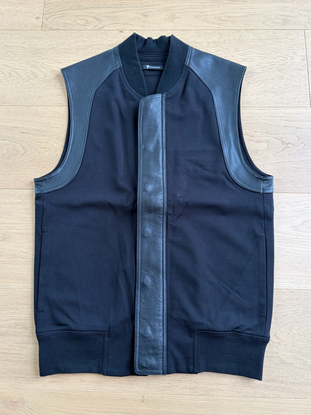 Men's Black Sleeveless Jacket with Leather Trim